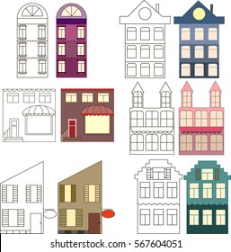Set of outlined and colored houses, separated vector illustration