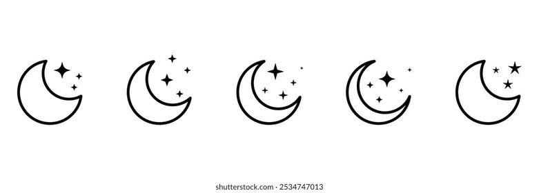 Set of Outlined crescent moon icon collection with sparkle stars. Half moon stars. night or dark mode symbol. Vector Illustration.