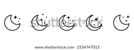 Set of Outlined crescent moon icon collection with sparkle stars. Half moon stars. night or dark mode symbol. Vector Illustration.