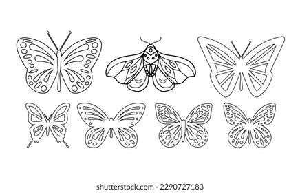 La silueta de mariposa está decorada con un diseño de decoración. Esquema plano de la colección de mariposas con ornamento de corte, arte de línea. Ilustración de arte vector EPS 10