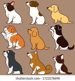 Set of outlined cute dogs sitting in side view illustrations