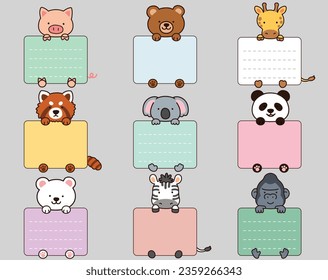 Set of outlined cute and simple animals holding a rectangle note cards with hind legs