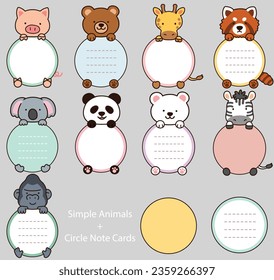 Set of outlined cute and simple animals holding a circle note cards with hind legs