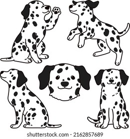 Set of outlined cute and simple Dalmatian Dog illustrations