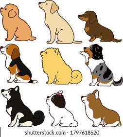 Set of outlined cute and simple dog sitting in side view