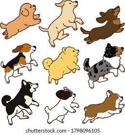 Set of outlined cute and simple dog jumping and playing