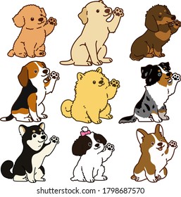 Set of outlined cute and simple dog sitting waving hand