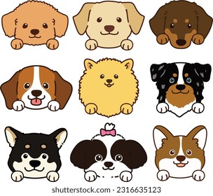 Set of outlined cute and simple dog heads with front paws svg