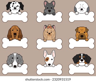 Conjunto de cabezas de perro lindas y simples delineadas con patas delanteras sosteniendo un hueso (Yorkshire Terrier, Sheelpand Dog, Shar Pei, Scottish Terrier, Mountain Dog, Bull Terrier, Borzoi, Blood Hound, Dalmatian)