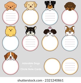 Set of outlined cute and simple dog heads with front paws holding circle note