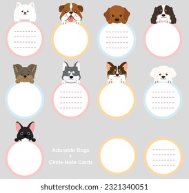 Set of outlined cute and simple dog heads with front paws holding a circle note