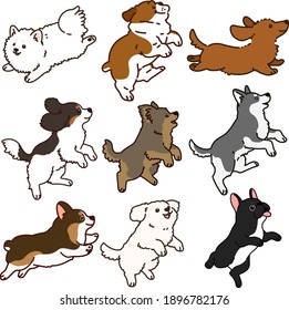 Set of outlined cute and simple dogs jumping and playing