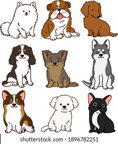 Set of outlined cute and simple dogs sitting in front view