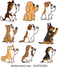Set of outlined cute and simple dogs sitting and waving (Shetland Sheepdog, English Cocker Spaniel, Fox Terrier, Pitbull, Saint Bernard, Doberman, Akita dog, Basset Hound, Beagle)