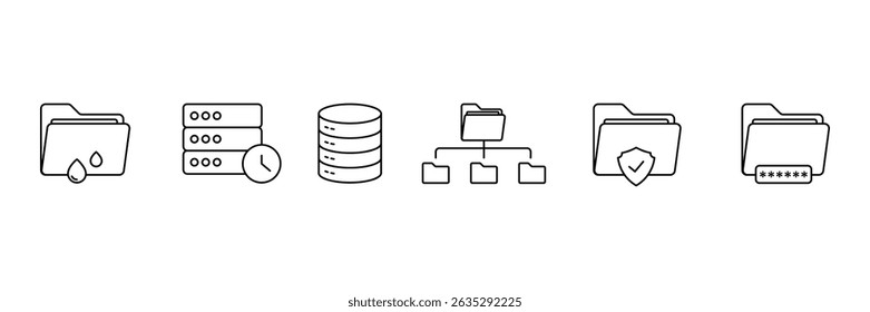 Set of Outlined Data Protection icon collection. Cyber Security, spam, secure, security, antivirus, password symbol.