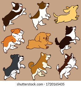 Set of outlined dogs jumping and running illustrations