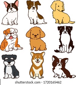 Set of outlined dogs sitting in front view illustrations