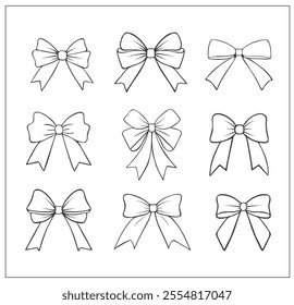 Set of outlined doodle bows. Simple hand drawn ribbon bow. Bowknot for gift wrapping, Christmas, decoration, design