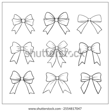 Set of outlined doodle bows. Simple hand drawn ribbon bow. Bowknot for gift wrapping, Christmas, decoration, design