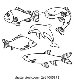 Set of outlined fish and dolphin illustrations, perfect for coloring pages, educational materials, and marine-themed graphic designs.