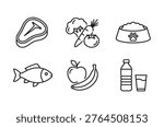 A set of outlined food items, showcasing options for both humans and pets, with fruits, vegetables, and meats.
