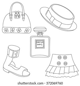 Set of outlined footwear, handbag, skirt, hat and bottles of perfume on white background. Vector illustration.
