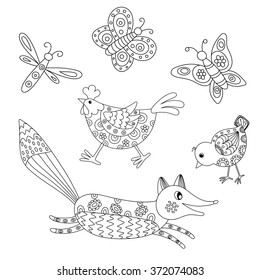 Set of outlined hand drawn animals: fox, hend, chicken, butterflies and dragonfly. Vector illustration.