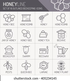 Set of outlined honey and beekeeping icons. Thin line style. Monochrome palette