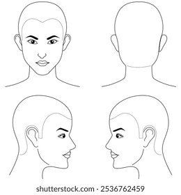 Set of outlined human head icons. Lined woman head in different angles Vector	