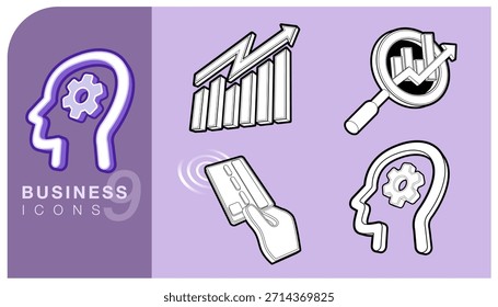 Conjunto de ícones descritos business intelligence, análise financeira e pensamento estratégico. Os elementos incluem brainstorming, estratégia, crescimento do mercado, análise de dados e pagamento digital. Ilustração vetorial.