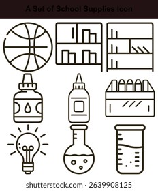 Set of outlined icons featuring a basketball, bookshelf, ink bottle, light bulb, laboratory equipment, and a pencil case, all displayed on a clean white backdrop.