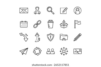 Set of outlined icons including email, calendar, magnifier, pencil, paper plane, arrows, shield, people, stars, and landscape, in a minimalist style.