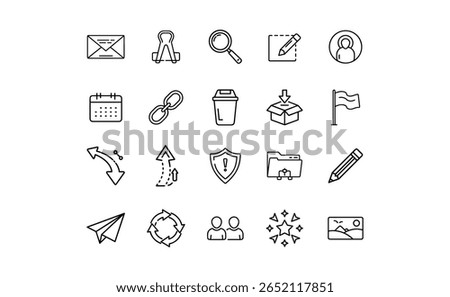 Set of outlined icons including email, calendar, magnifier, pencil, paper plane, arrows, shield, people, stars, and landscape, in a minimalist style.