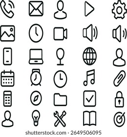 Conjunto de ícones contornados para elementos de interface e multimídia.