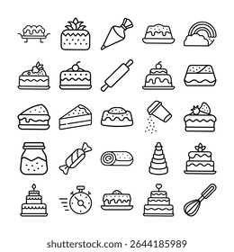 Um conjunto de ícones delineados relacionados a panificação e sobremesas, incluindo bolos, doces, ferramentas e ingredientes, tudo em um estilo simples e limpo.