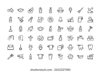 A set of outlined icons related to hygiene, sanitation, and personal care.