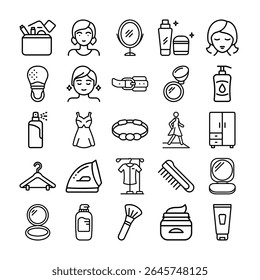 A set of outlined icons representing fashion, beauty, and personal care items, presented in a clean and minimalist style.