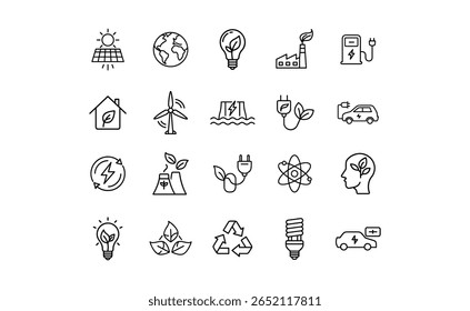 A set of outlined icons representing renewable energy sources, eco-friendly practices, and sustainable technologies, including solar, wind, hydro, and electric vehicles.