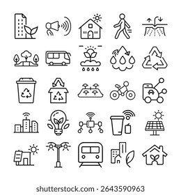 A set of outlined icons representing various aspects of sustainability, eco-friendly practices, and environmentally conscious living, all presented in a clean, black and white style.