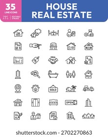 A set of outlined icons representing various aspects of real estate, including houses, sales, deals, and related services.