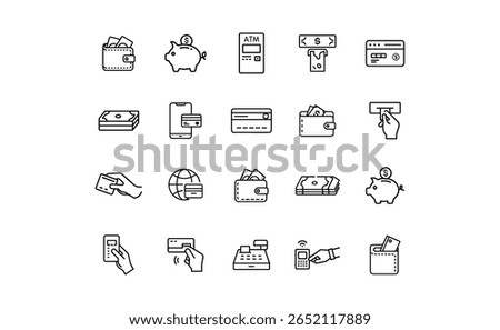 A set of outlined icons representing various financial concepts, including wallets, piggy banks, ATMs, credit cards, and cash transactions.