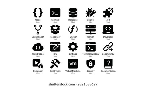 Set of outlined icons symbolizing software development: code, terminal, database, bug fix, API, repository, function, server, cloud code, IDE, settings, debugger, security, documentation. Includes various tech concepts in minimalist style for web and apps.