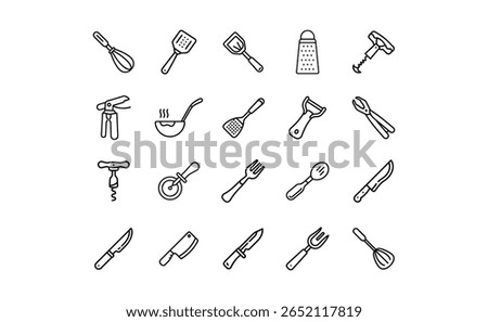 A set of outlined kitchen tools and utensils, including whisk, spatulas, grater, corkscrews, ladle, peeler, knives, forks, and spoon, in a minimalist line art style.