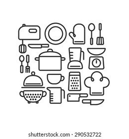 Set of outlined kitchen utensils and various cooking related objects arranged in a pattern.