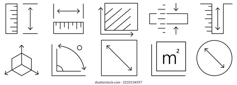 Set of outlined length, weight and volume icon collection. Scalability or scalable symbol. Size, resize icons. Vector Illustration.