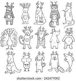 Set of outlined lovely vector animals on white background.