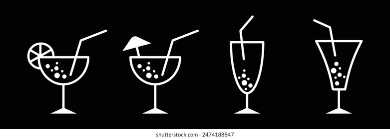 Conjunto de cóctel de alcohol de verano minimalista en colección de iconos de vidrio con fondo negro. cócteles colección de iconos de línea delgada. Ilustración vectorial.