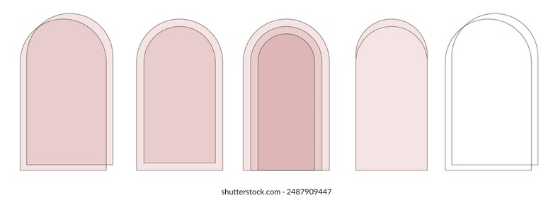 Set of outlined modern aesthetic linear arch frames. aesthetic geometric arch elements. geometric arch icon collection. Contemporary mid century thin outlined abstract shapes. Vector Illustration.