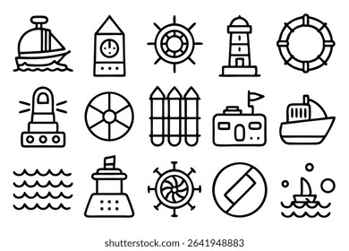 Set of outlined nautical icons representing sea voyage navigation and marine themes in black and white