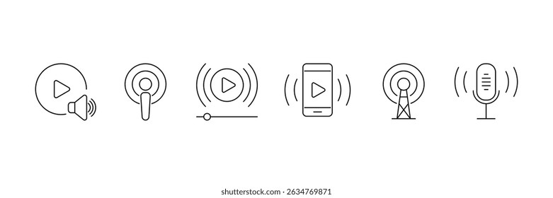 Conjunto da coleção de ícones do Podcast em destaque. Símbolo de webcast, difusão, áudio, canal, vídeo.